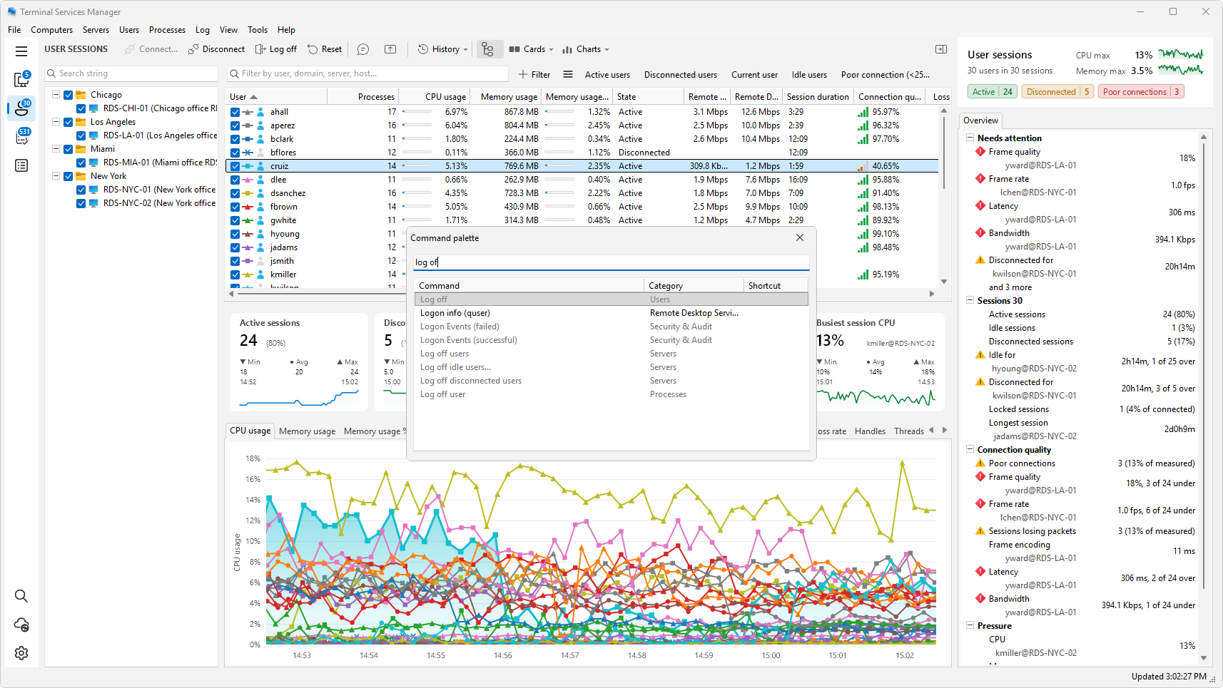 The command palette opened over the User sessions list