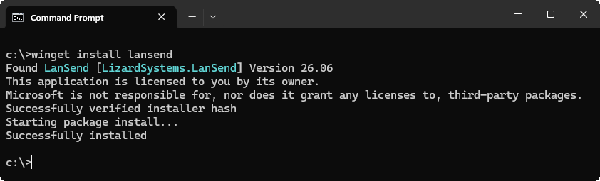 Command Prompt showing winget install lansend, which finds LanSend 26.06, verifies the installer hash, and reports Successfully installed