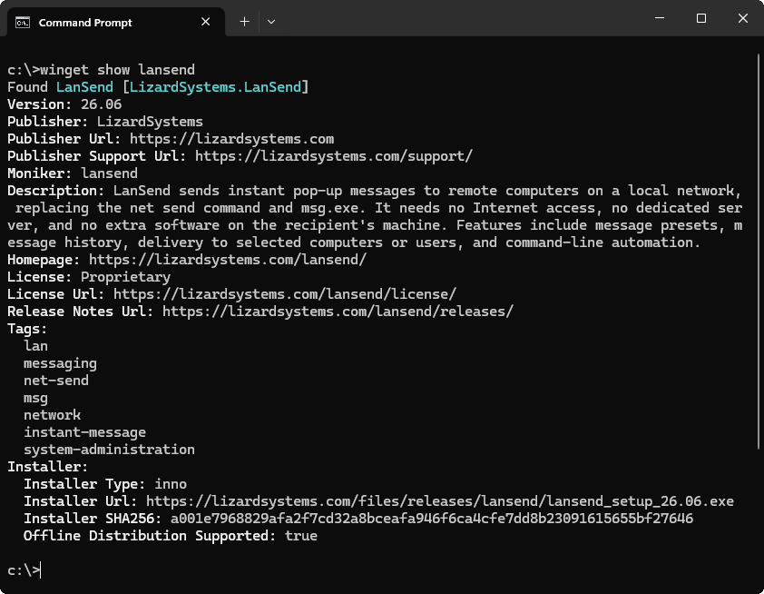 Command Prompt showing the output of winget show lansend, with publisher LizardSystems, version 26.06, the moniker lansend, the installer URL, and the installer SHA256 hash