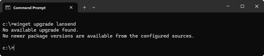 Command Prompt showing winget upgrade lansend reporting No available upgrade found, because the installed version is already the current one